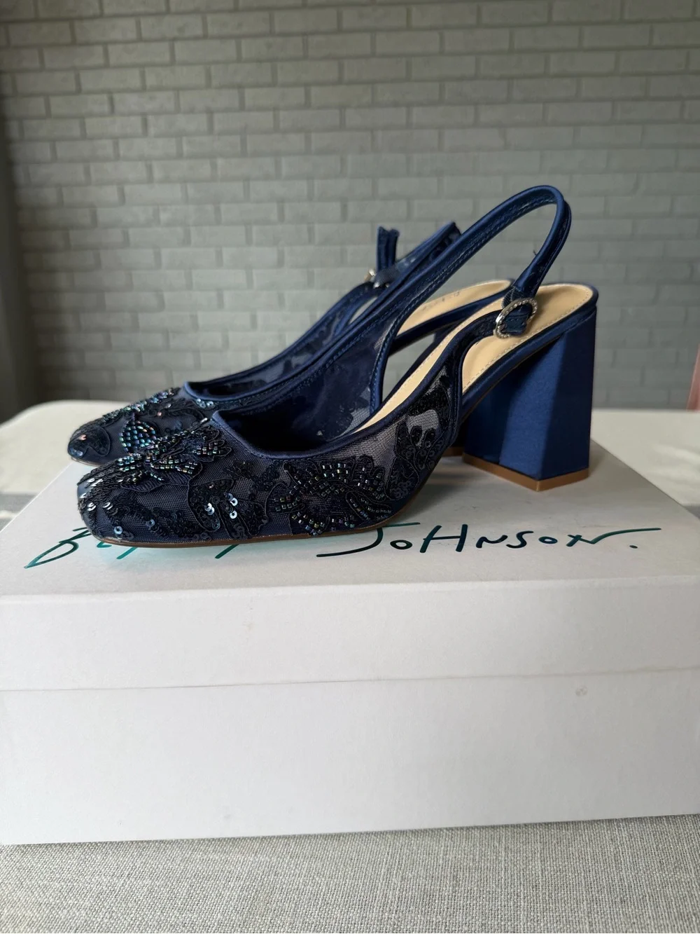 New Betsey Johnson Beaded Navy Slingback Block Heel Pumps Size 7.5 Wedding Prom